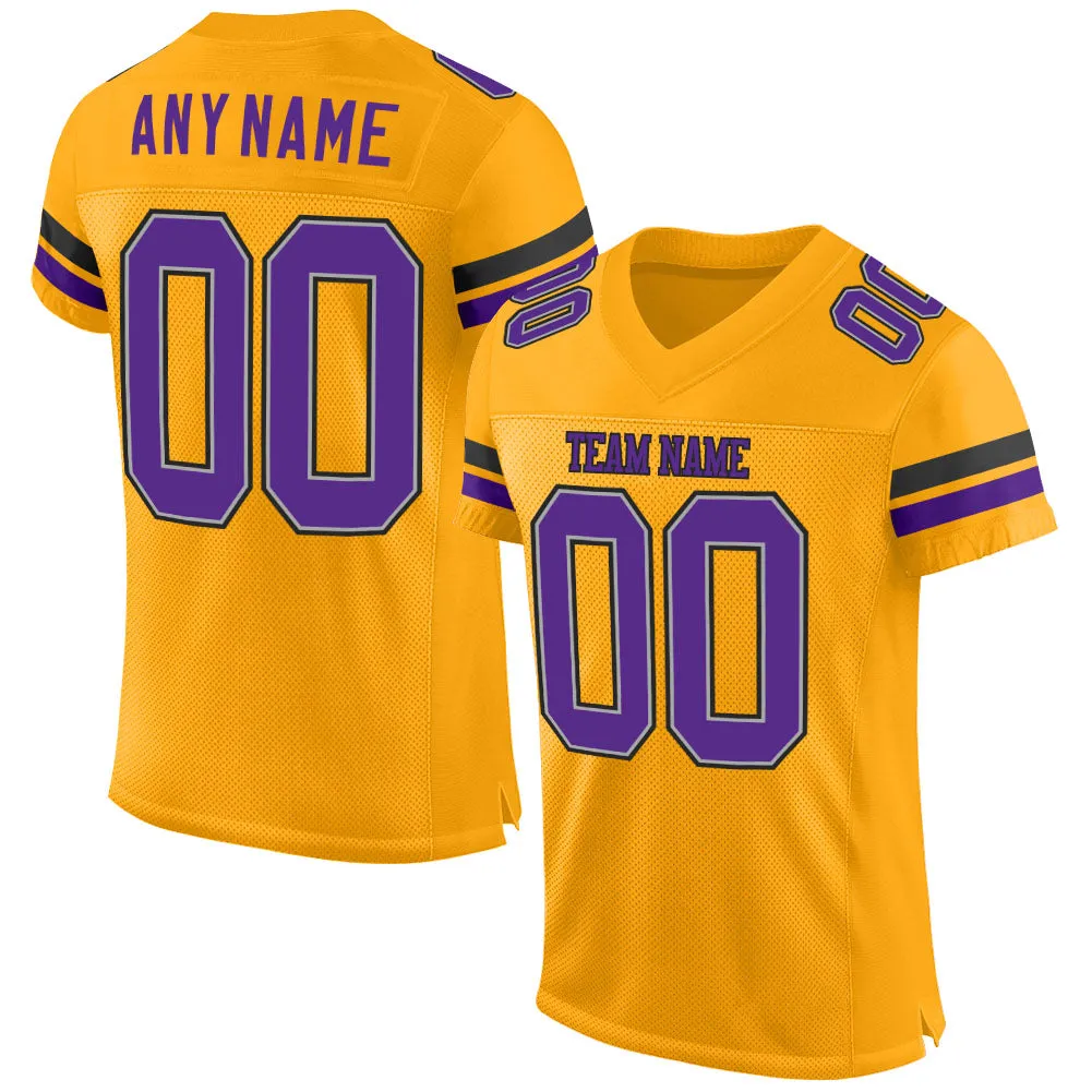 Custom Gold Purple-Black Mesh Authentic Football Jersey FansIdea