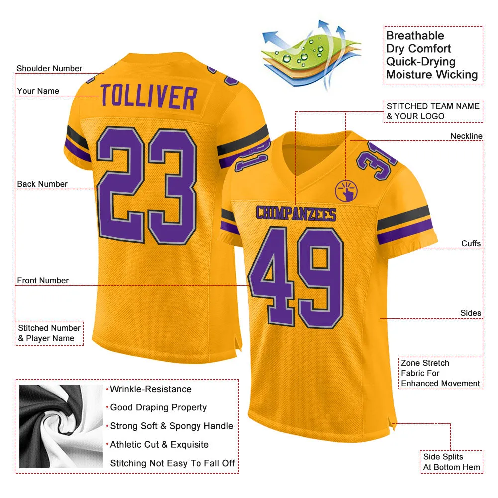 Custom Gold Purple-Black Mesh Authentic Football Jersey FansIdea