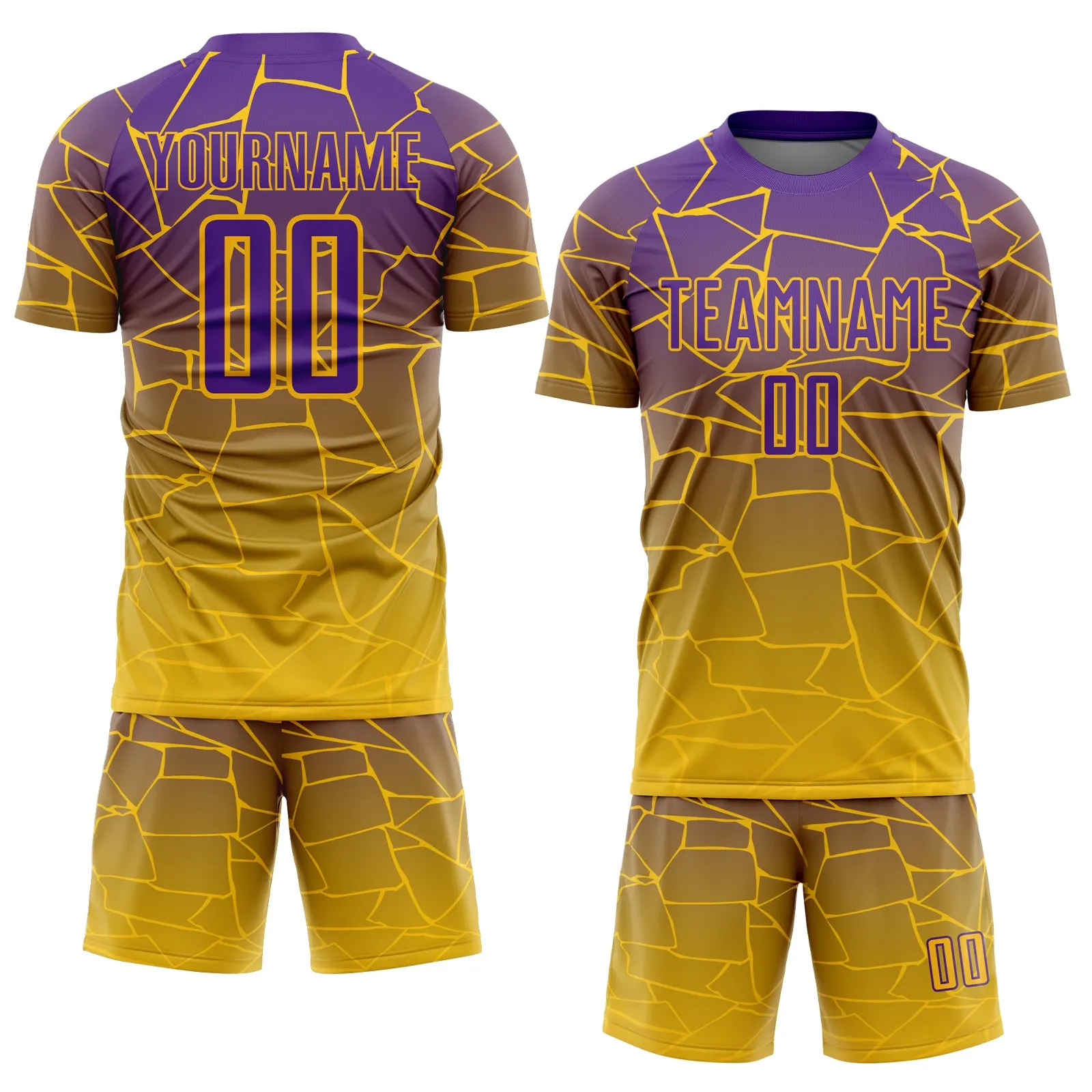 Custom Gold Purple Lines Sublimation Soccer Uniform Jersey FansIdea