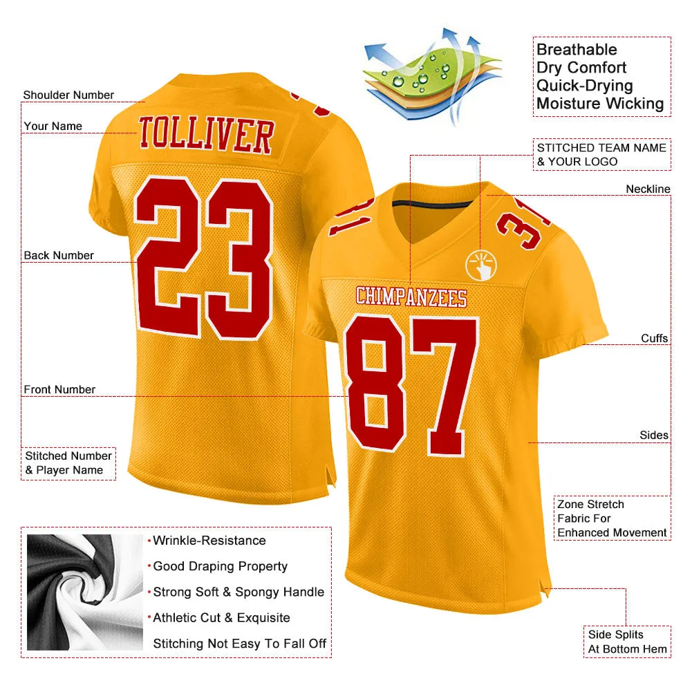 Custom Gold Red-White Mesh Authentic Football Jersey FansIdea