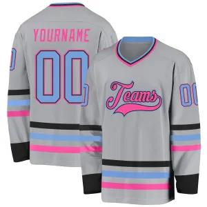 Custom Gray Light Blue Black-Pink Hockey Jersey FansIdea