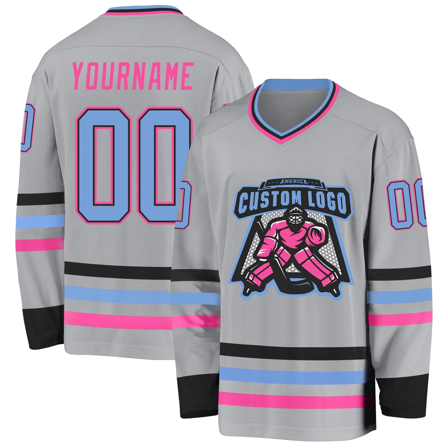 Custom Gray Light Blue Black-Pink Hockey Jersey FansIdea