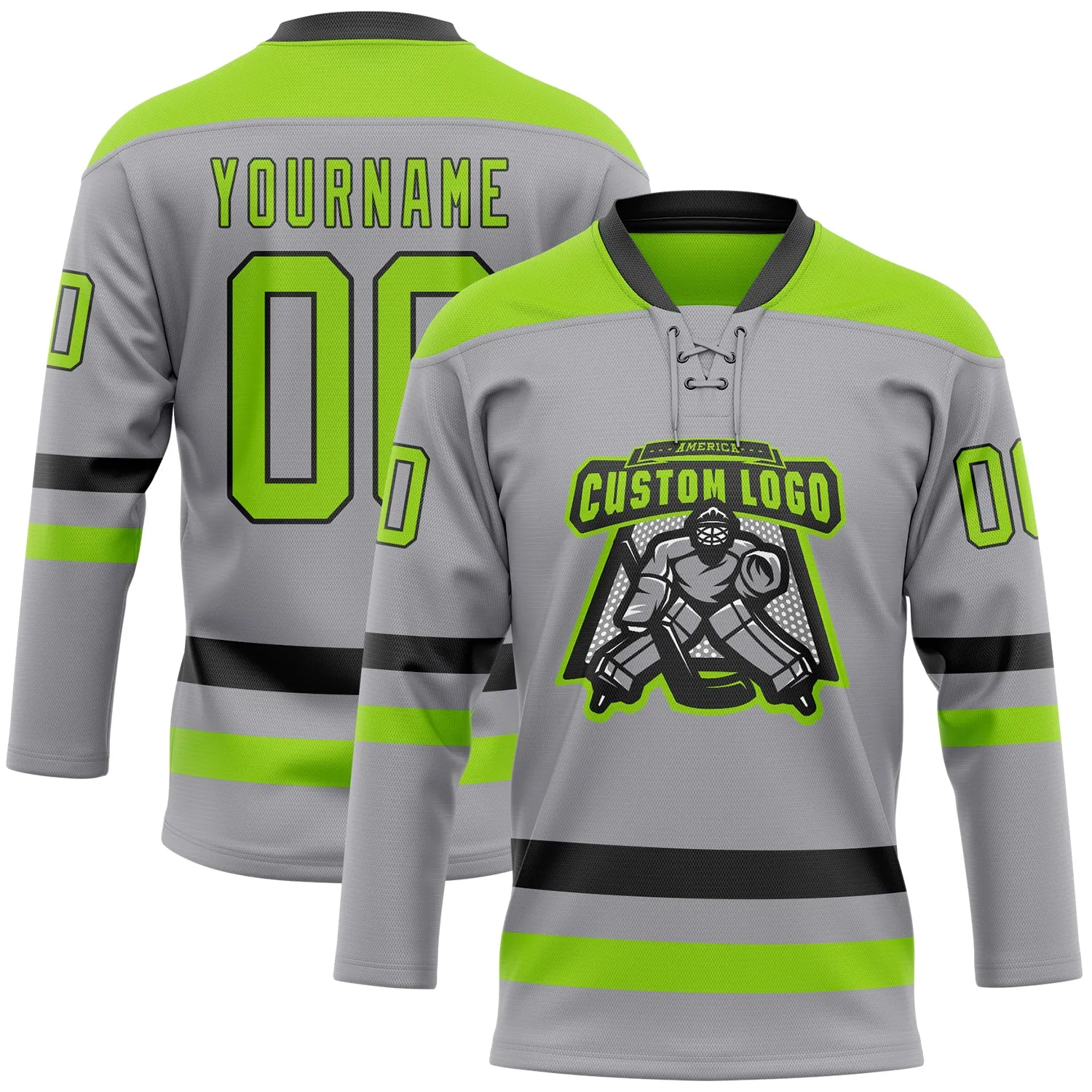 Custom Gray Neon Green-Black Hockey Lace Neck Jersey FansIdea