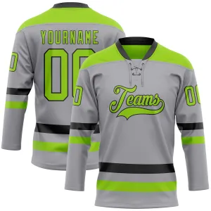 Custom Gray Neon Green-Black Hockey Lace Neck Jersey FansIdea