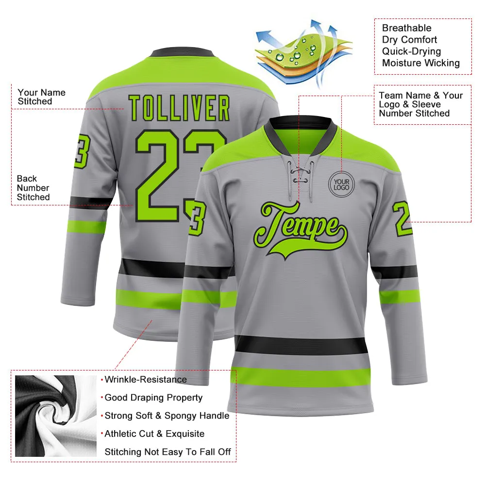 Custom Gray Neon Green-Black Hockey Lace Neck Jersey FansIdea