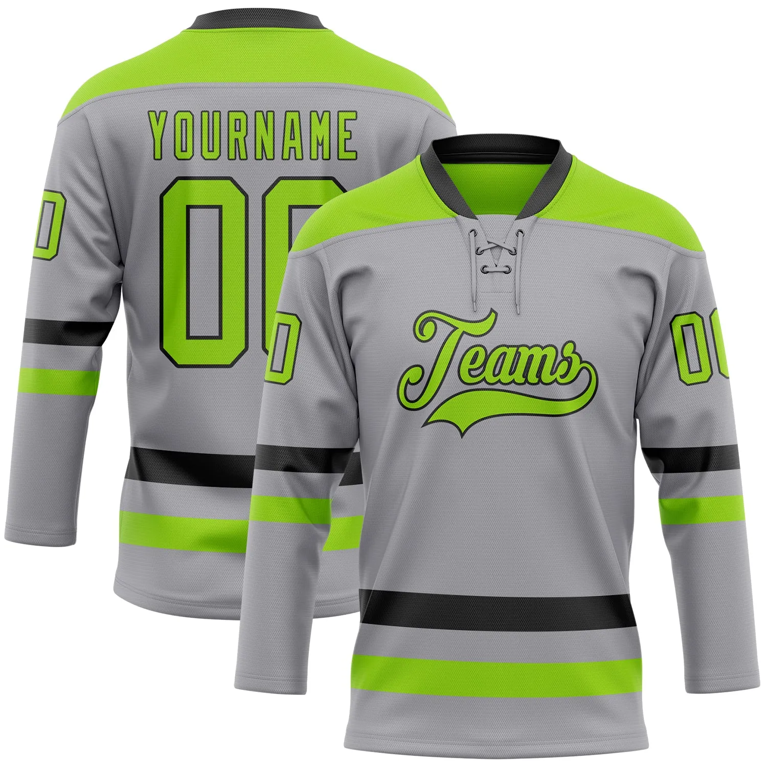 Custom Gray Neon Green-Black Hockey Lace Neck Jersey FansIdea