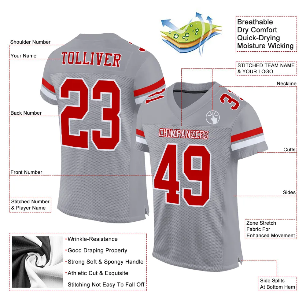 Custom Gray Red-White Mesh Authentic Football Jersey FansIdea