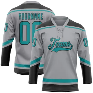 Custom Gray Teal-Black Hockey Lace Neck Jersey FansIdea