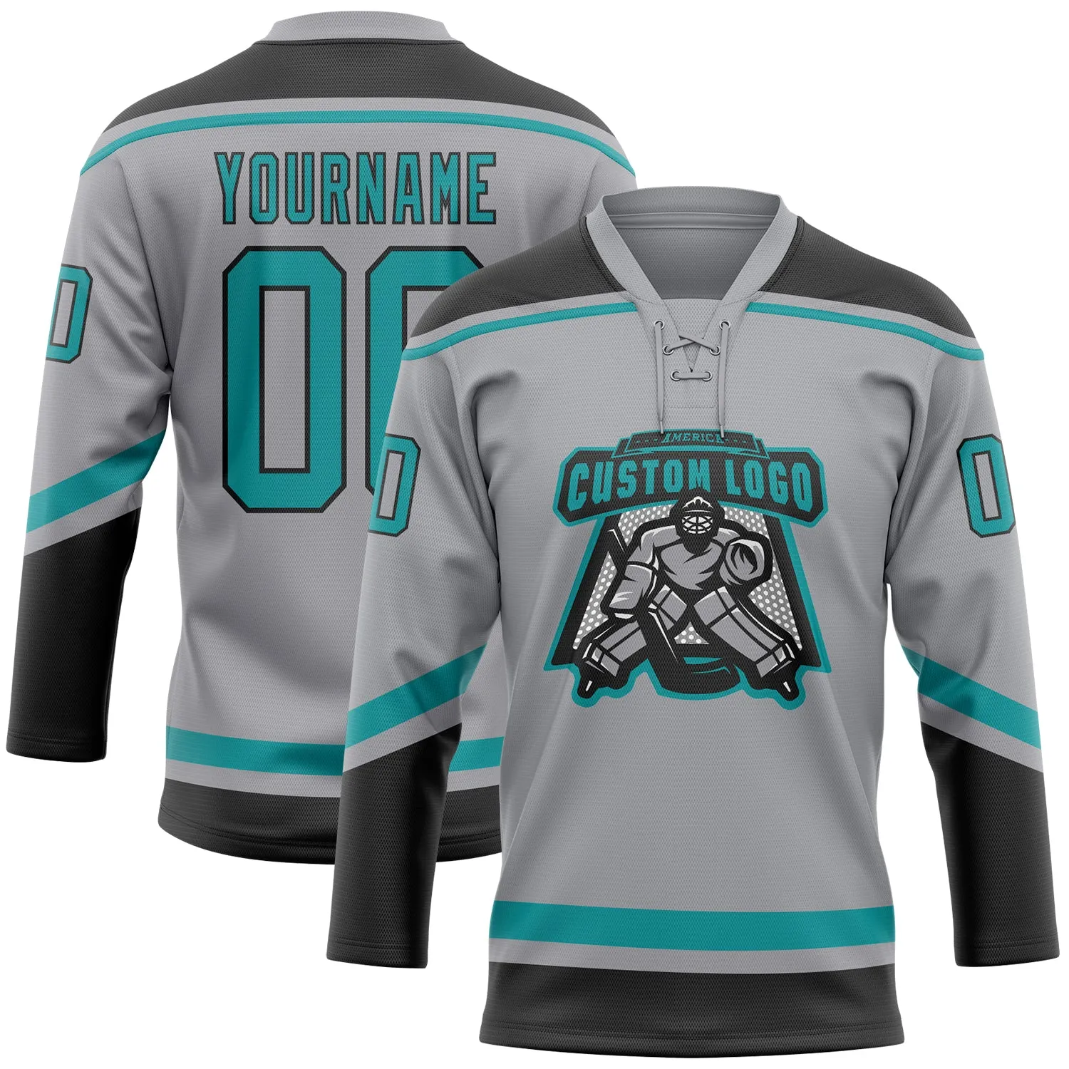 Custom Gray Teal-Black Hockey Lace Neck Jersey FansIdea