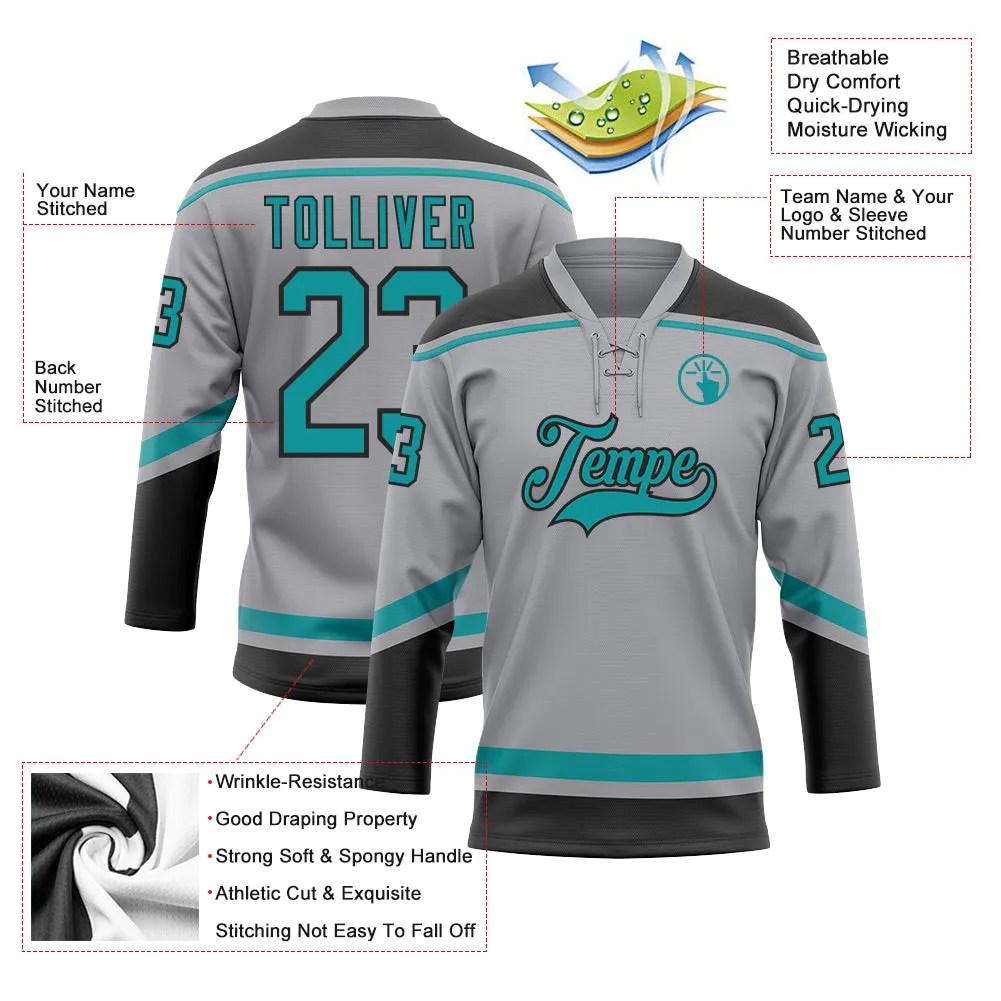 Custom Gray Teal-Black Hockey Lace Neck Jersey FansIdea