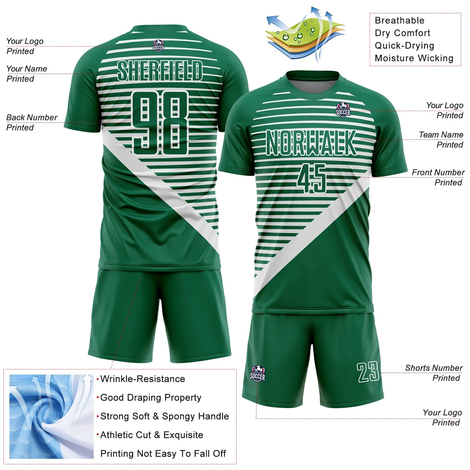 Custom Kelly Green White Stripes Sublimation Soccer Uniform Jersey FansIdea