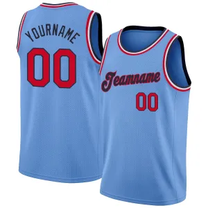 Custom Light Blue Red-Navy Round Neck Rib-Knit Basketball Jersey FansIdea