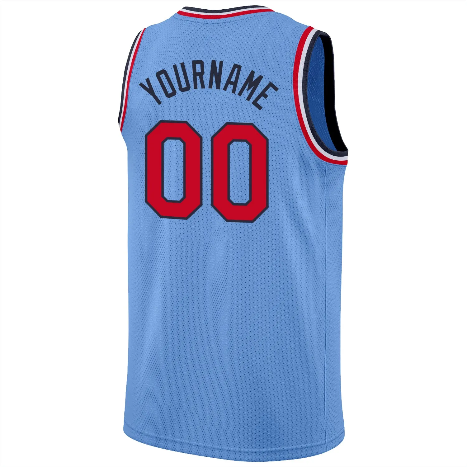 Custom Light Blue Red-Navy Round Neck Rib-Knit Basketball Jersey FansIdea