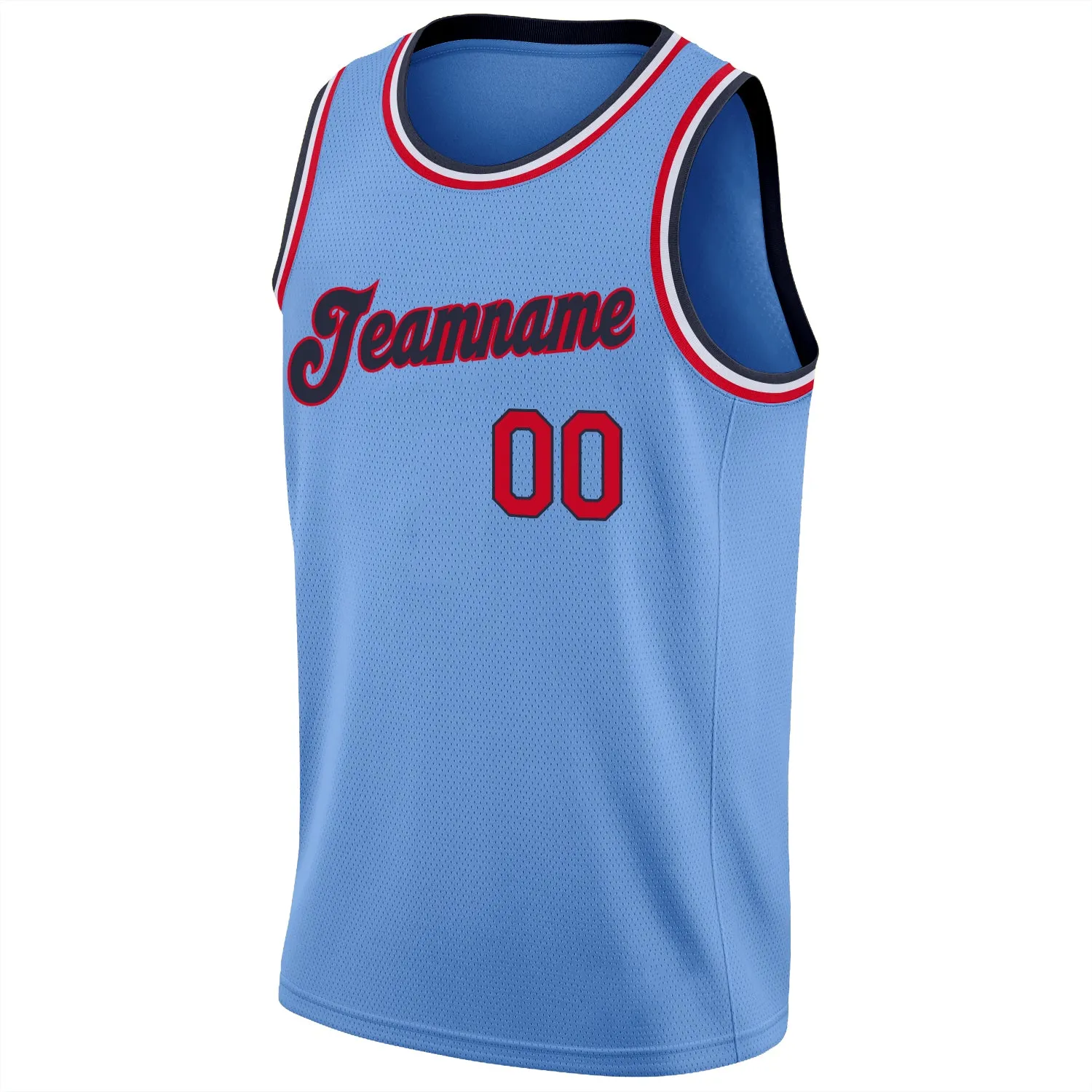 Custom Light Blue Red-Navy Round Neck Rib-Knit Basketball Jersey FansIdea