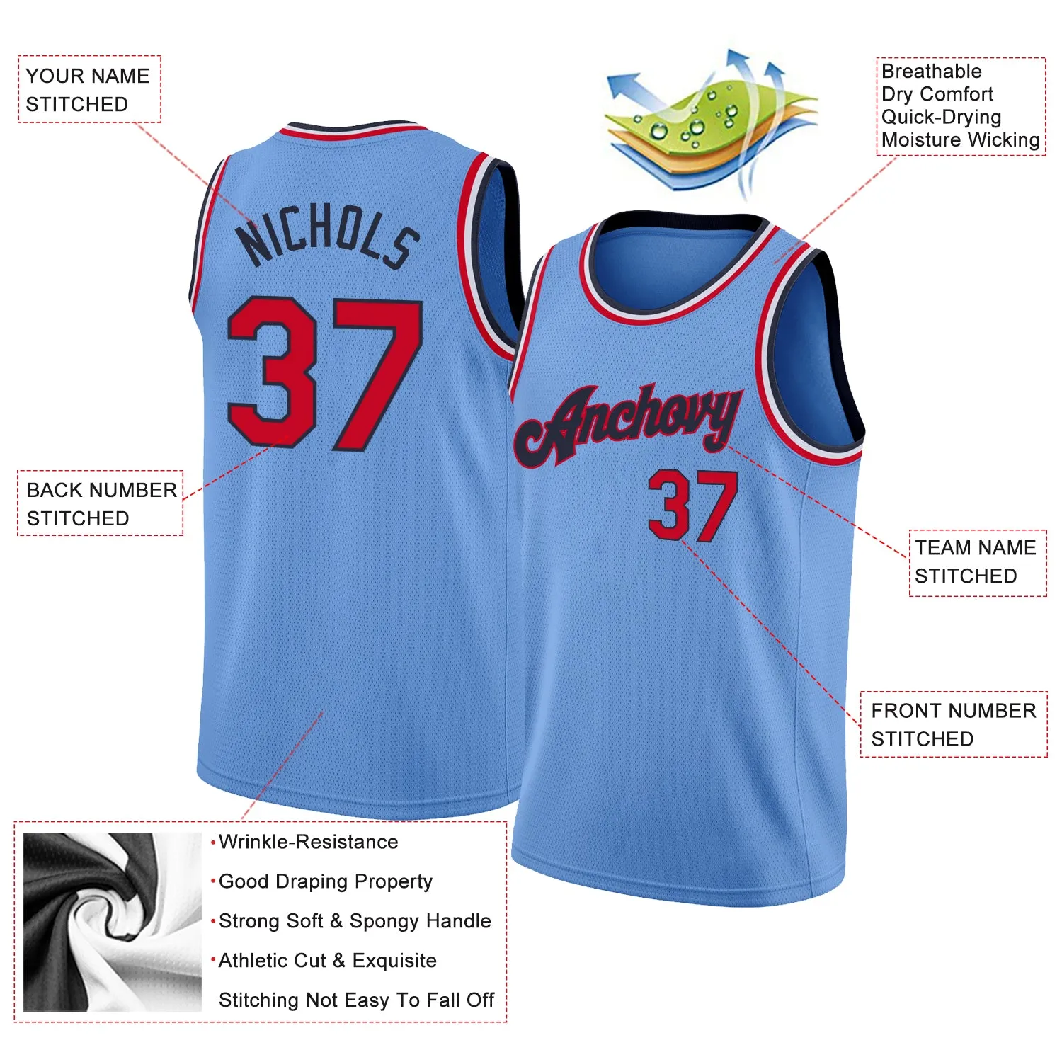 Custom Light Blue Red-Navy Round Neck Rib-Knit Basketball Jersey FansIdea
