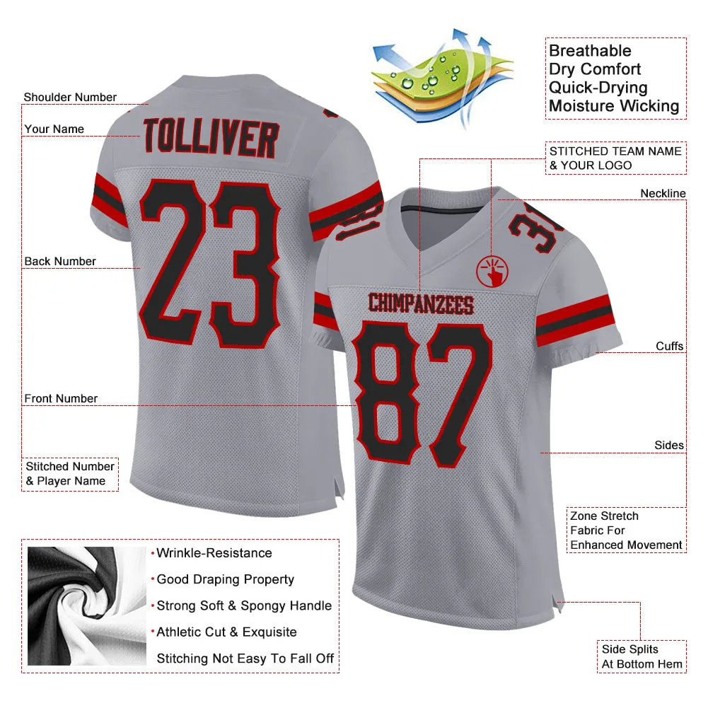 Custom Light Gray Black-Red Mesh Authentic Football Jersey FansIdea
