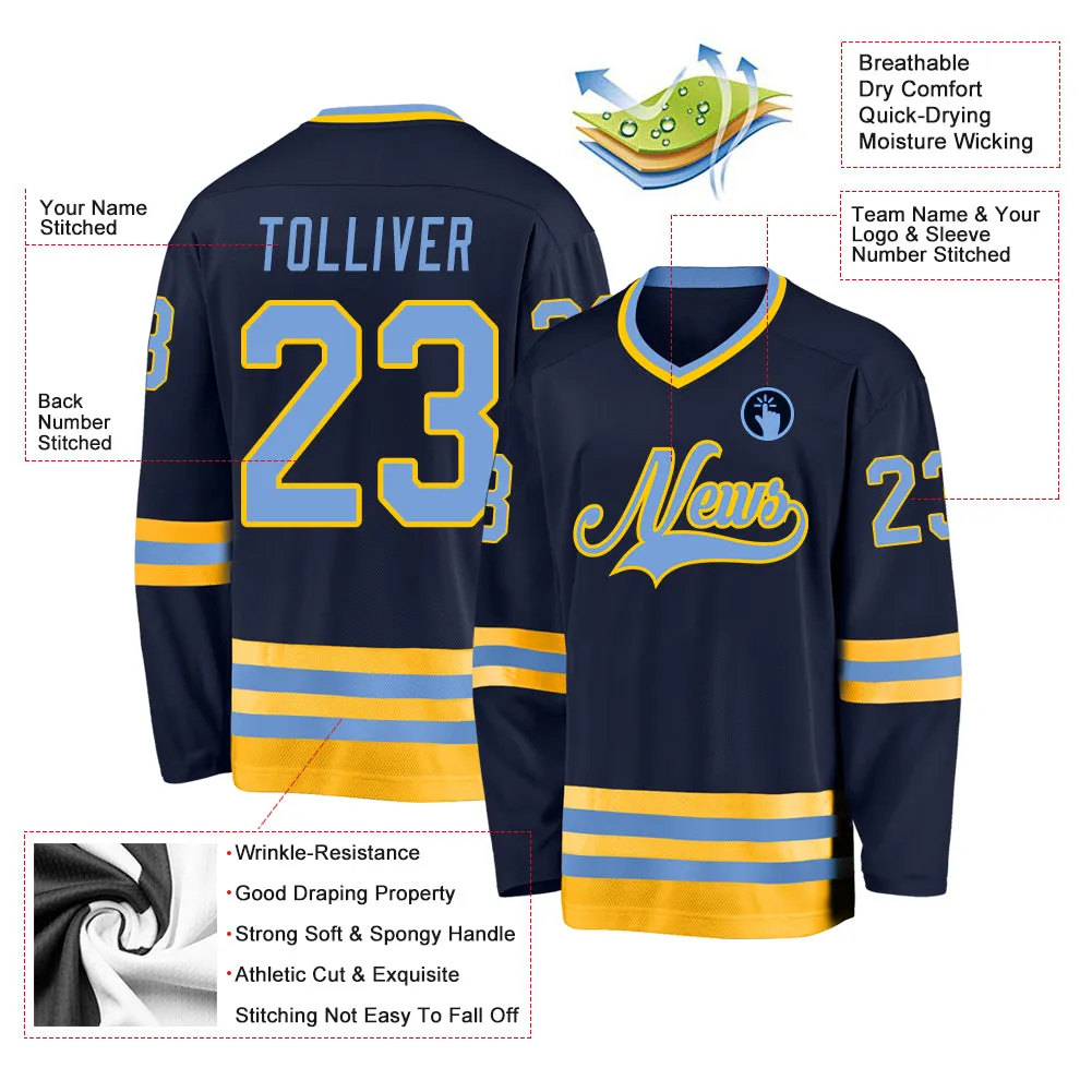Custom Navy Light Blue-Gold Hockey Jersey FansIdea
