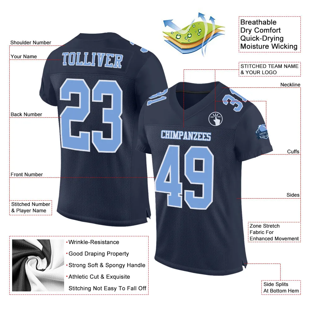 Custom Navy Light Blue-White Mesh Authentic Football Jersey FansIdea