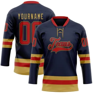 Custom Navy Red-Old Gold Hockey Lace Neck Jersey FansIdea