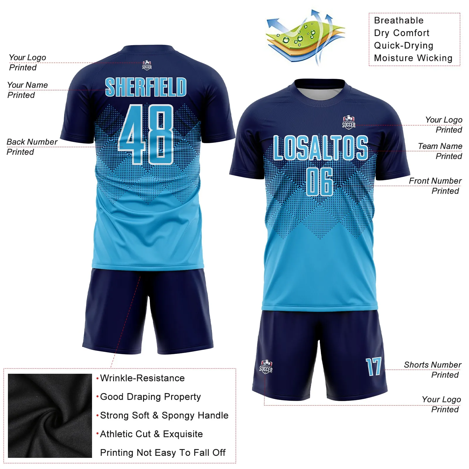 Custom Navy Sky Blue-White Sublimation Soccer Uniform Jersey FansIdea