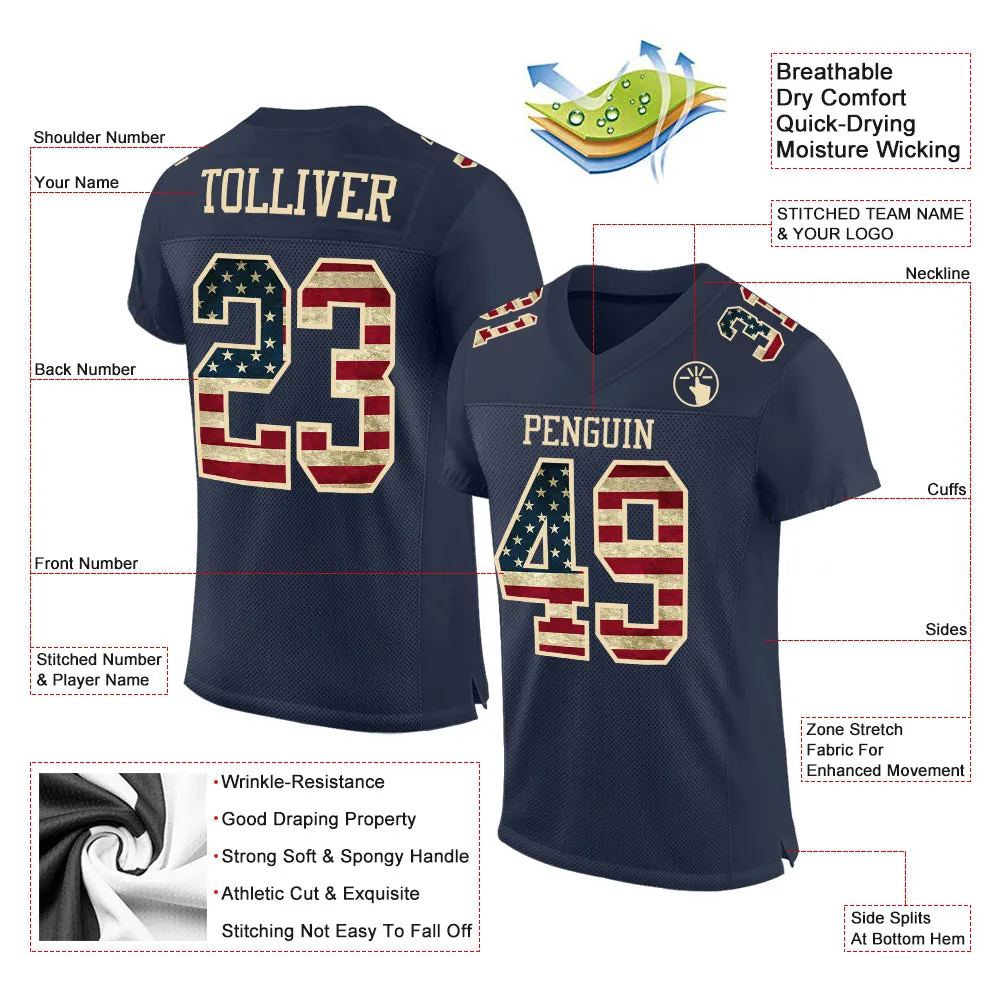 Custom Navy Vintage USA Flag-Cream Mesh Authentic Football Jersey FansIdea