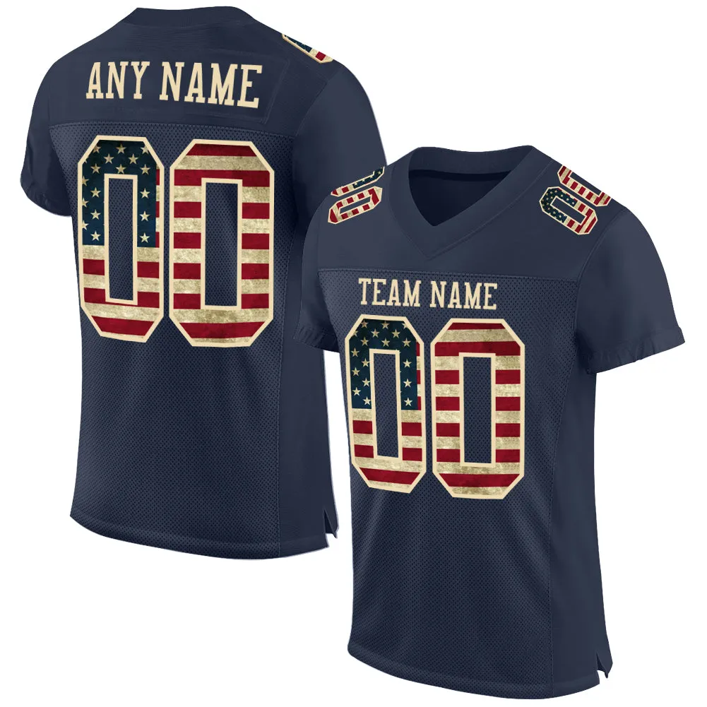 Custom Navy Vintage USA Flag-Cream Mesh Authentic Football Jersey FansIdea