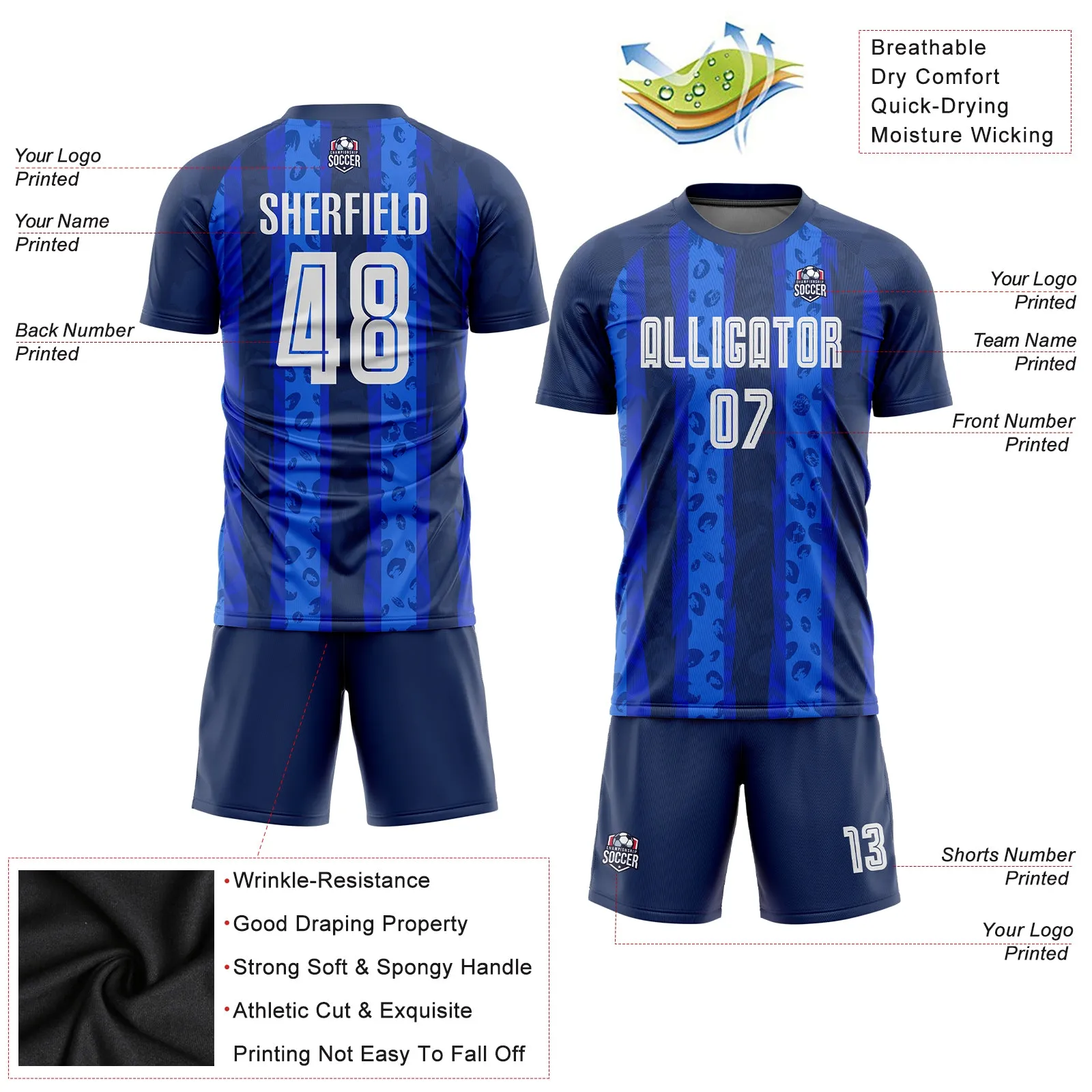 Custom Navy White-Royal Away Sublimation Soccer Uniform Jersey FansIdea