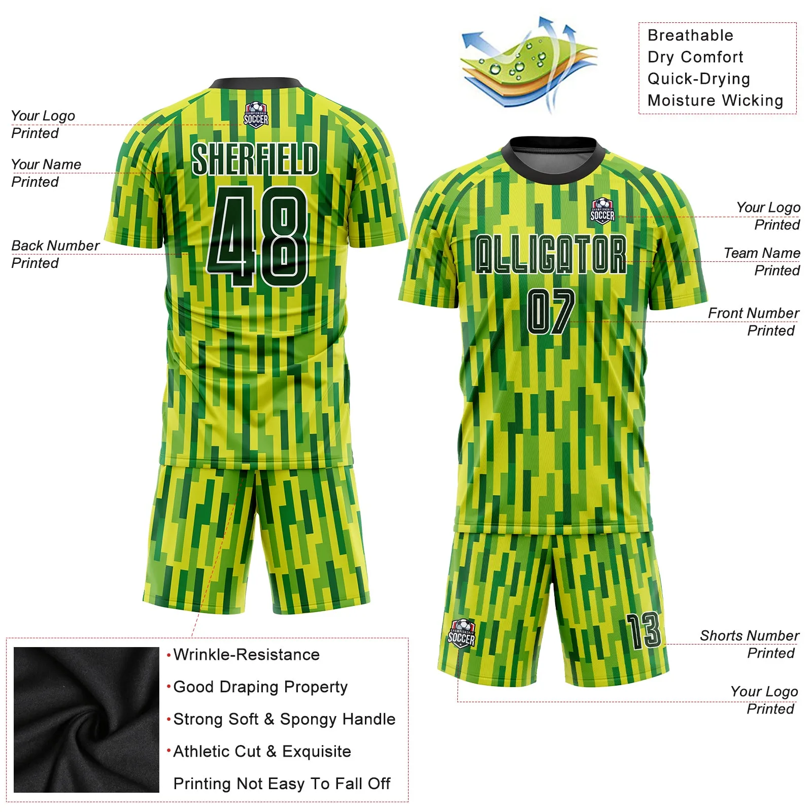 Custom Neon Green Green-Gold Sublimation Soccer Uniform Jersey FansIdea