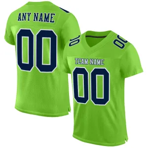 Custom Neon Green Navy-White Mesh Authentic Football Jersey FansIdea
