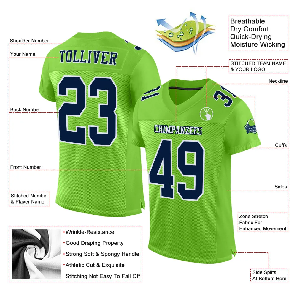 Custom Neon Green Navy-White Mesh Authentic Football Jersey FansIdea