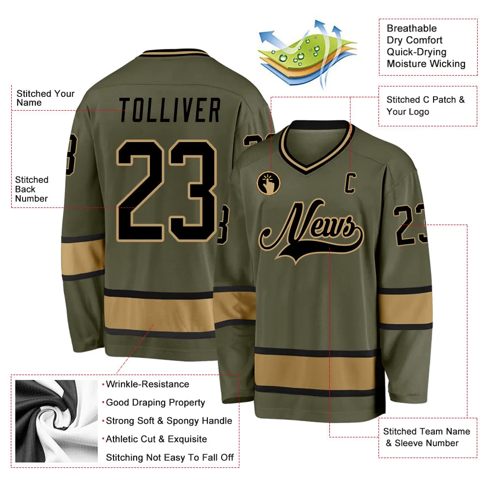 Custom Olive Black-Old Gold Salute To Service Hockey Jersey FansIdea