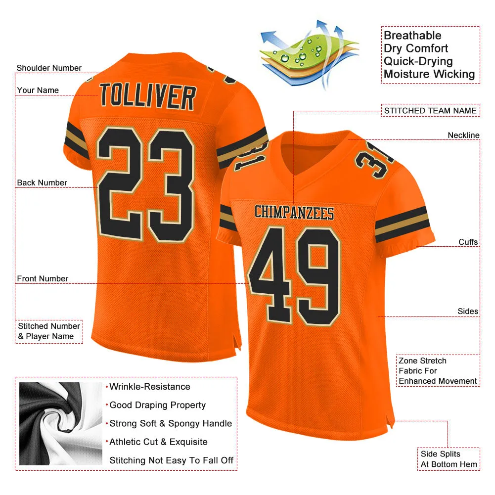 Custom Orange Black-Old Gold Mesh Authentic Football Jersey FansIdea