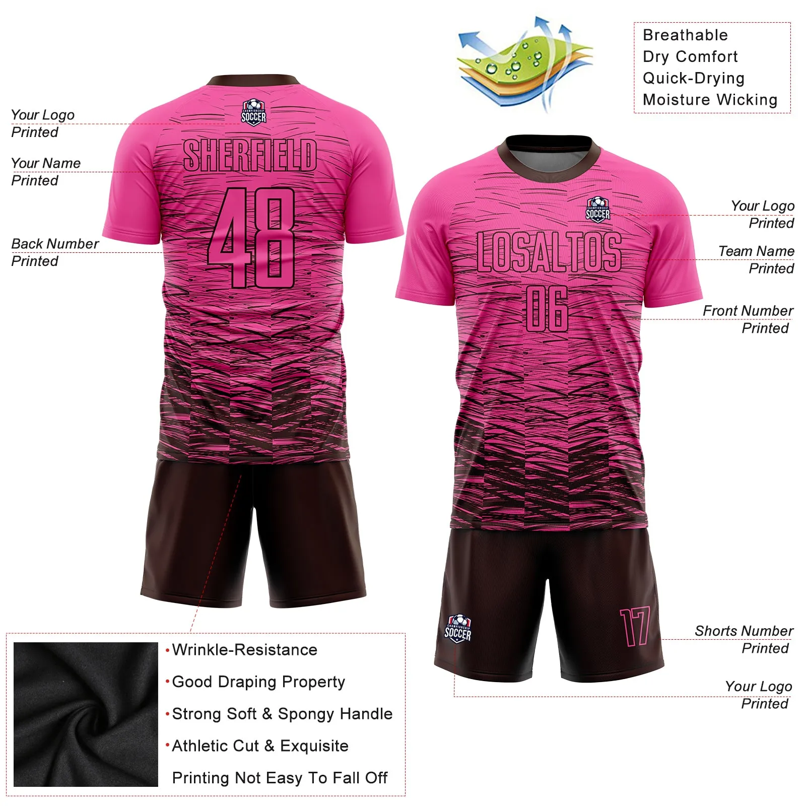 Custom Pink Brown Sublimation Soccer Uniform Jersey FansIdea