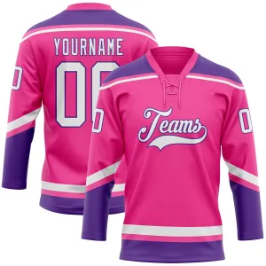 Custom Pink White-Purple Hockey Lace Neck Jersey FansIdea