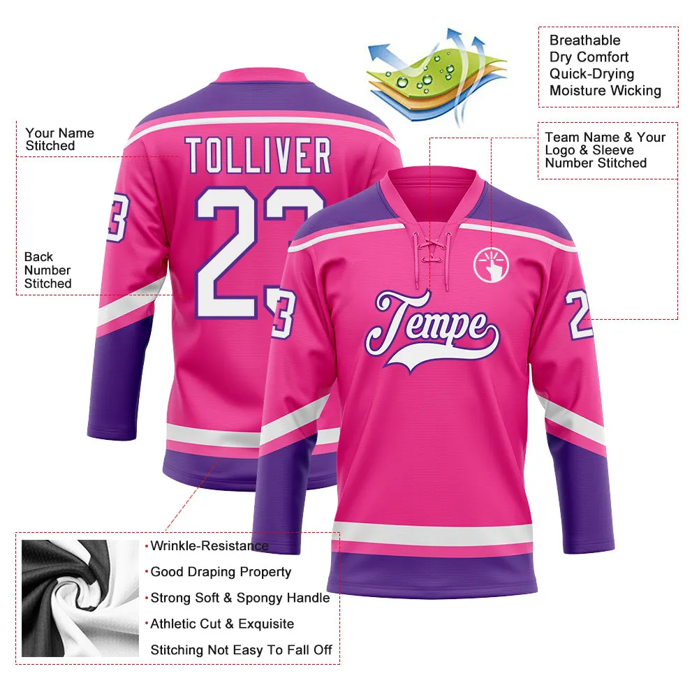 Custom Pink White-Purple Hockey Lace Neck Jersey FansIdea