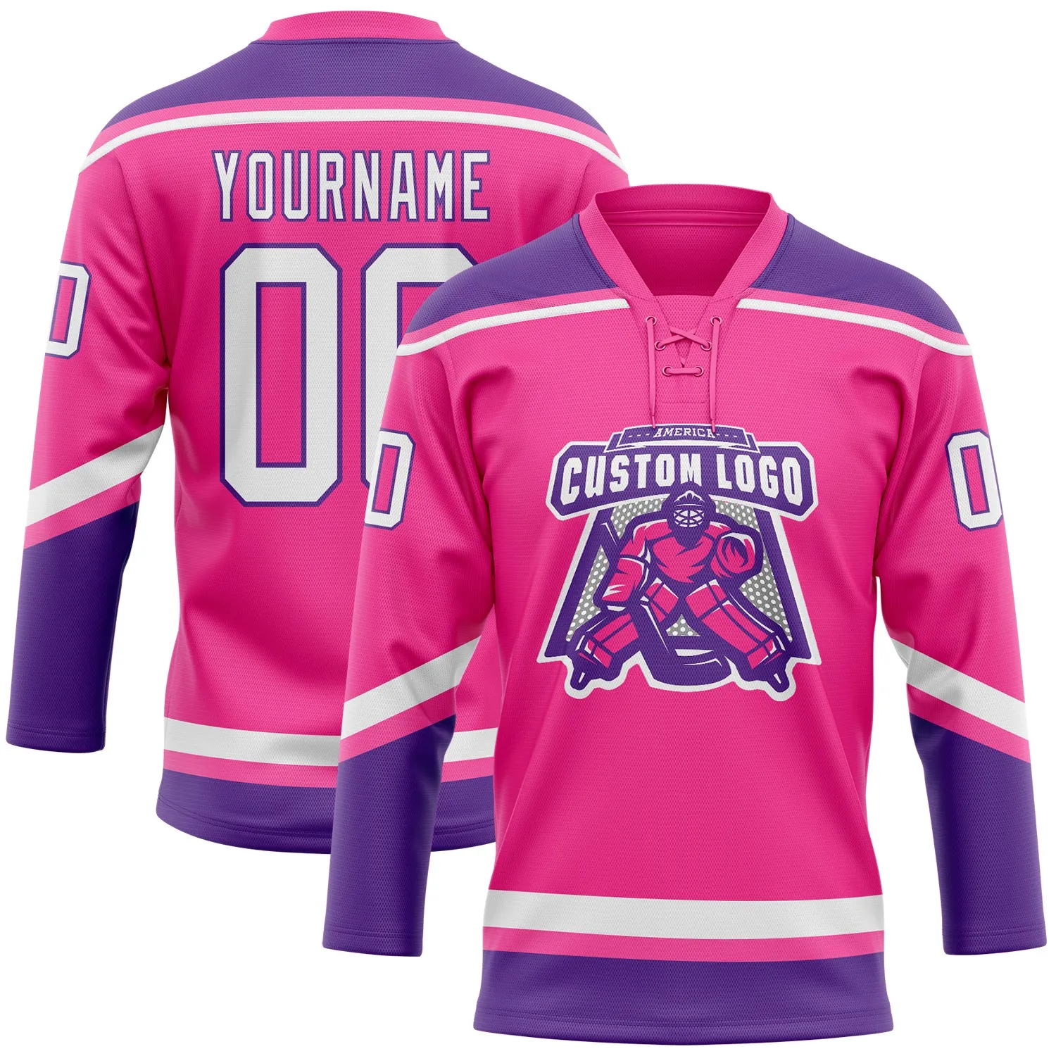 Custom Pink White-Purple Hockey Lace Neck Jersey FansIdea