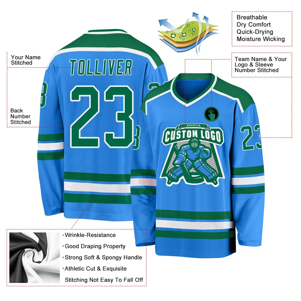 Custom Powder Blue Kelly Green-White Hockey Jersey FansIdea