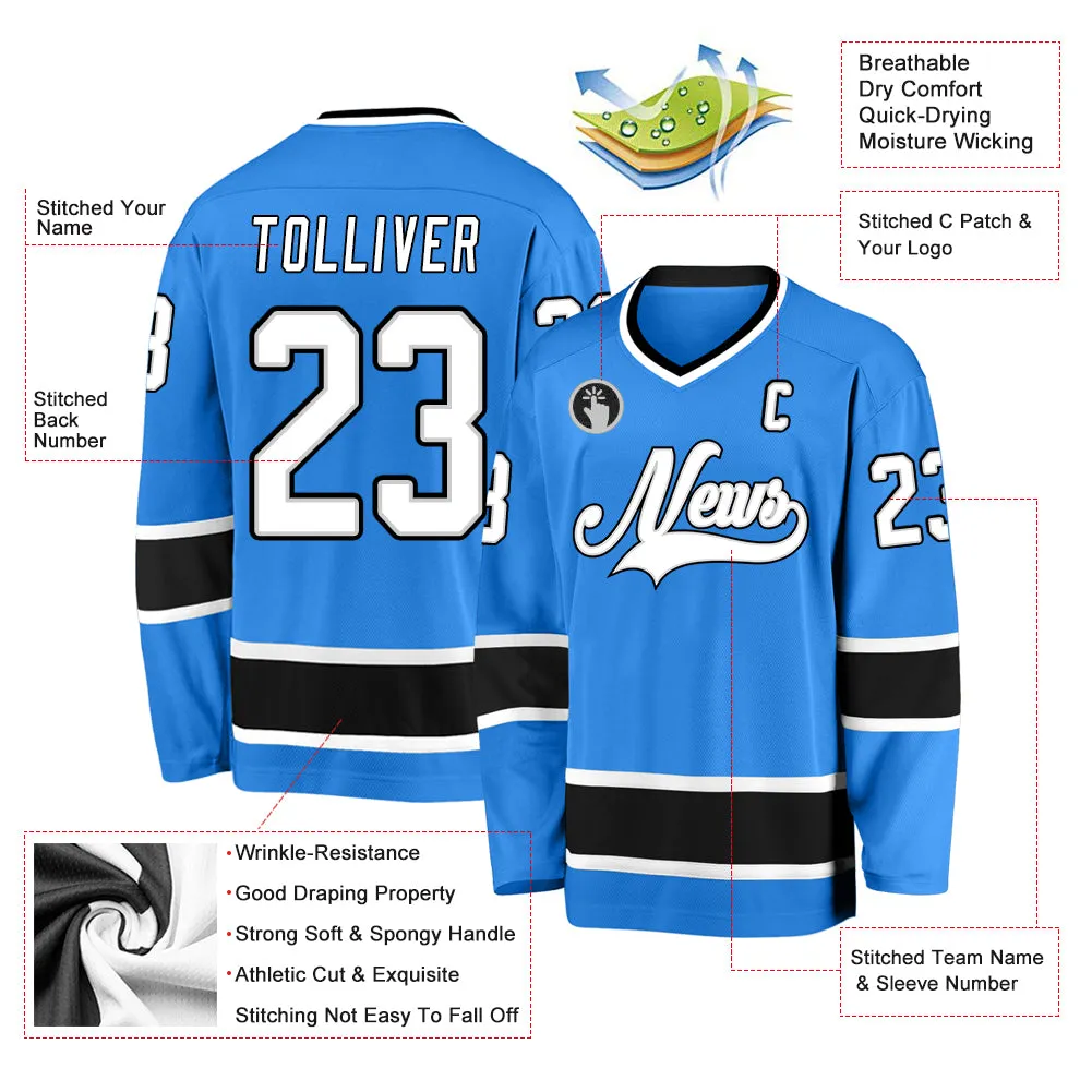 Custom Powder Blue White-Black Hockey Jersey FansIdea