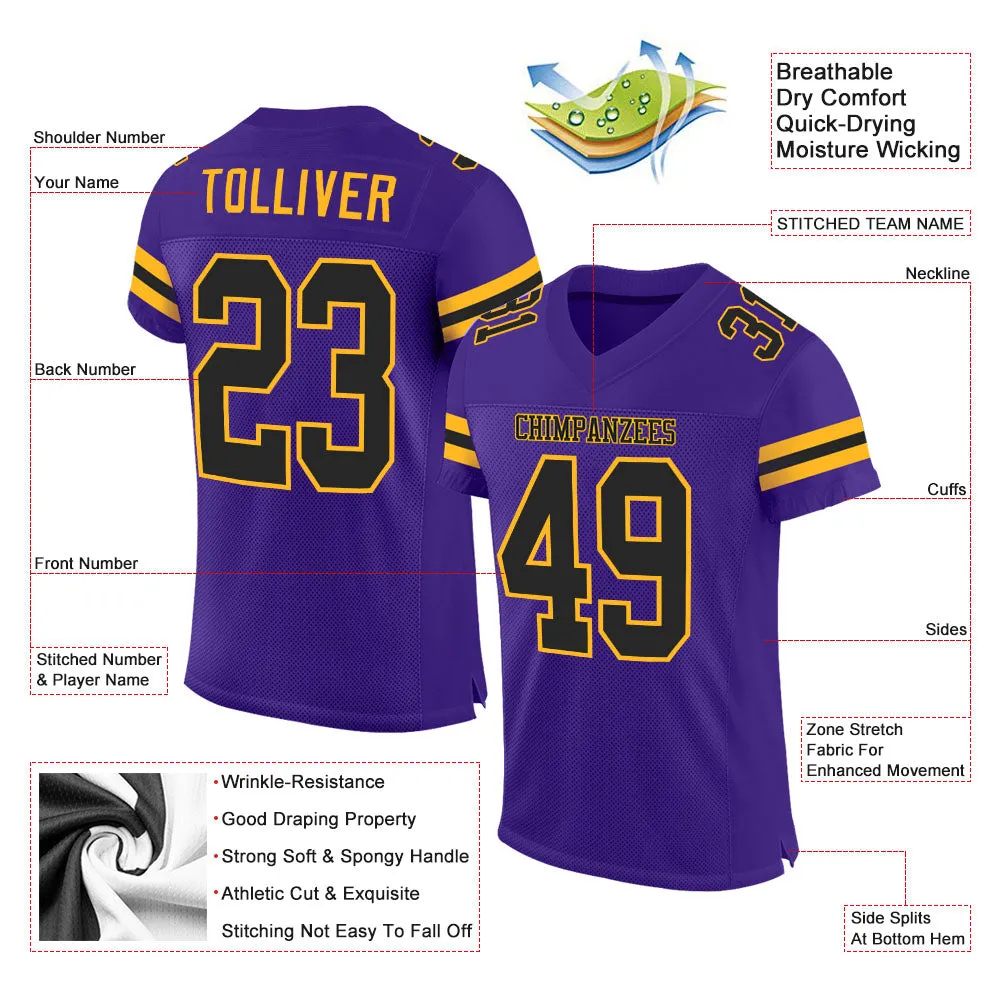 Custom Purple Black-Gold Mesh Authentic Football Jersey FansIdea
