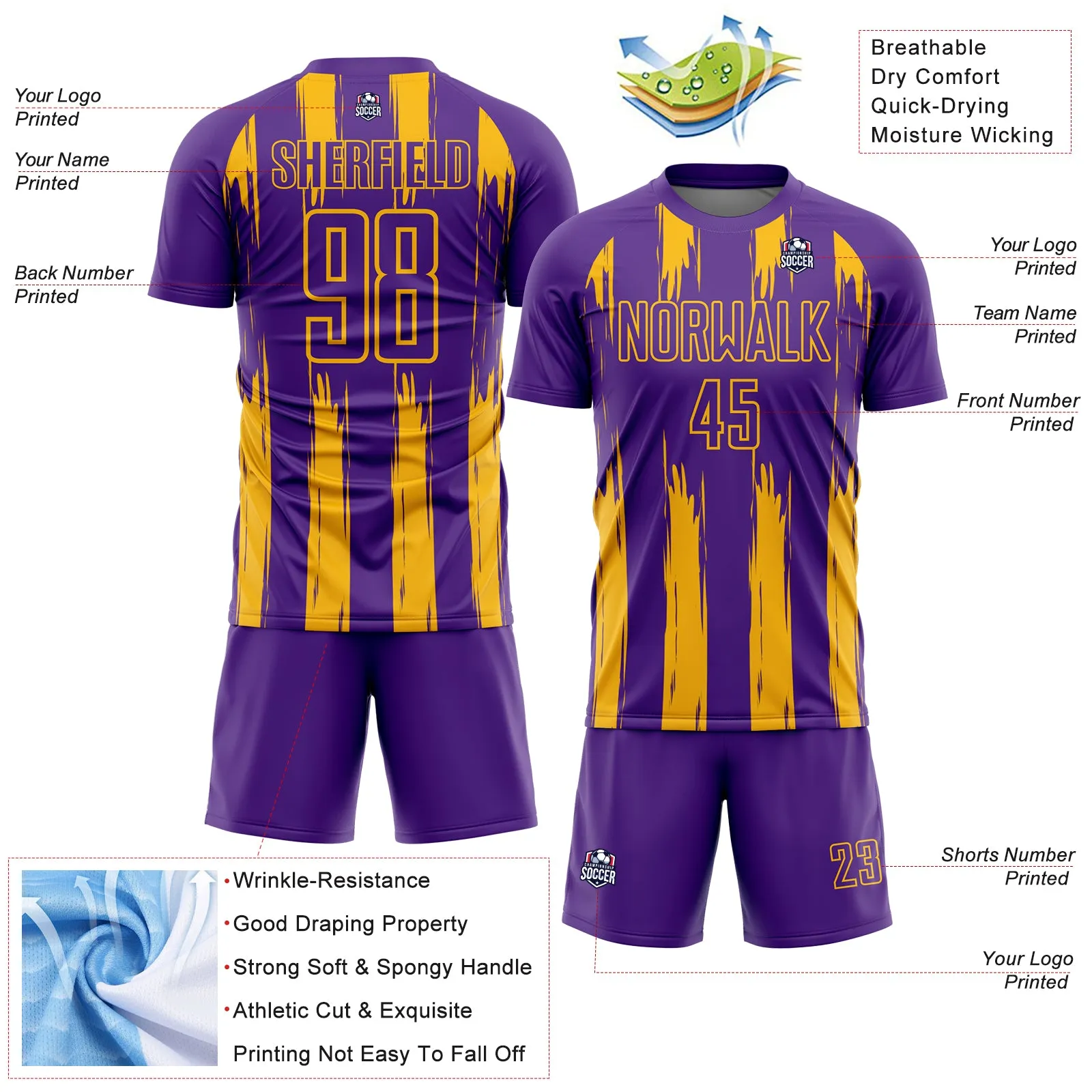 Custom Purple Gold Abstract Stripes Sublimation Soccer Uniform Jersey FansIdea