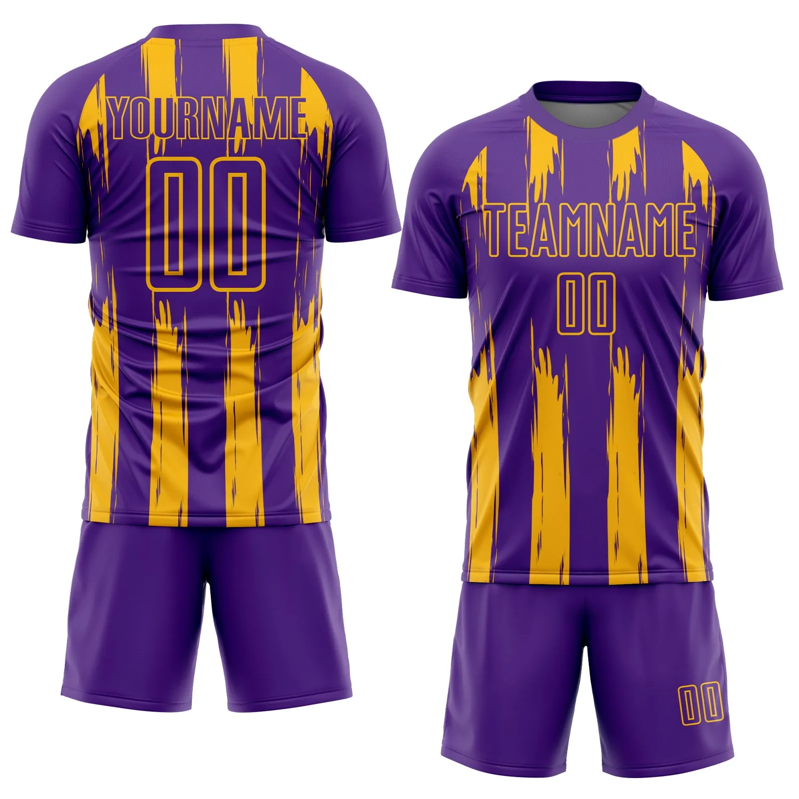 Custom Purple Gold Abstract Stripes Sublimation Soccer Uniform Jersey FansIdea