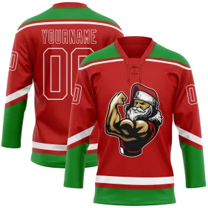 Custom Red Grass Green-White Christmas Santa Claus 3D Hockey Lace Neck Jersey FansIdea