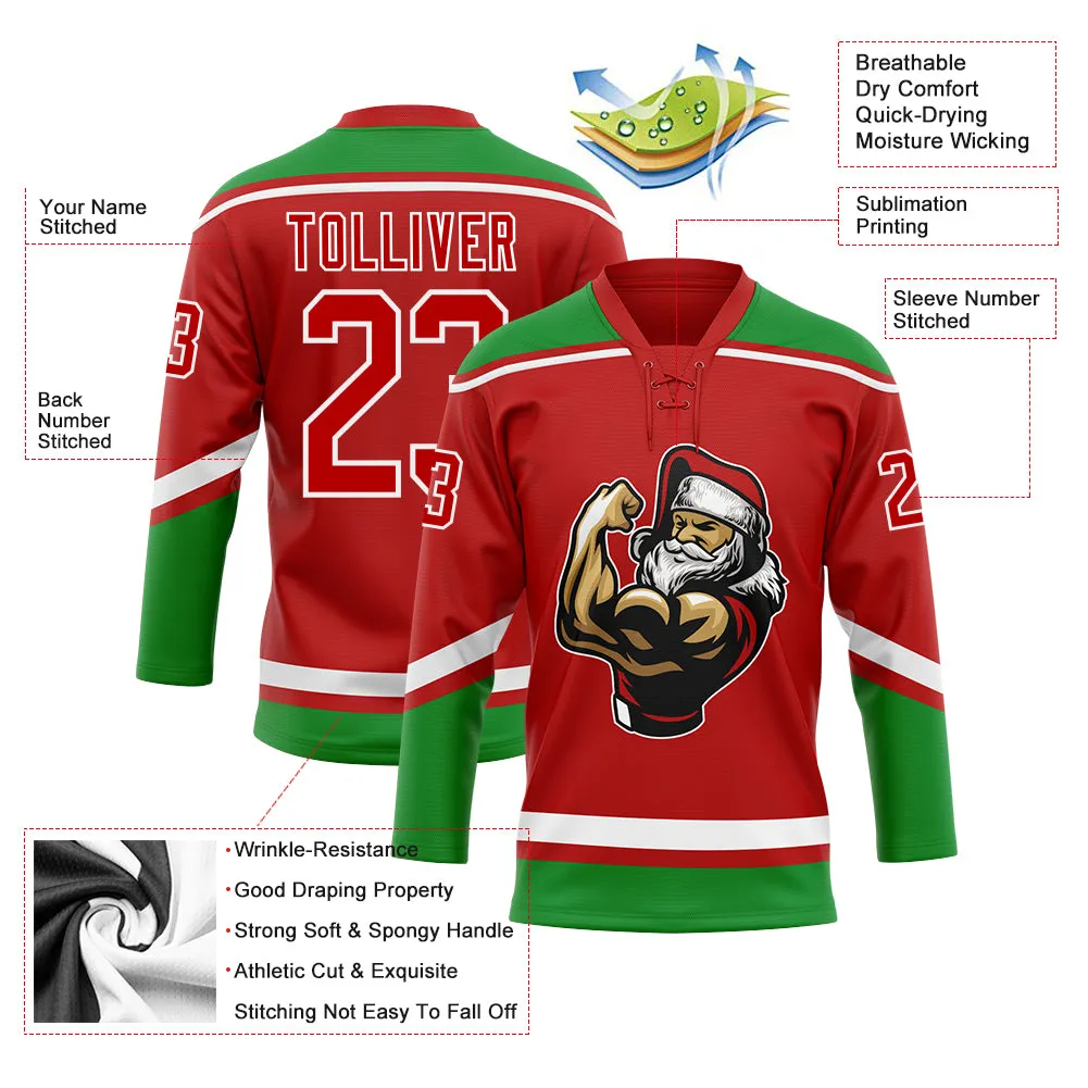 Custom Red Grass Green-White Christmas Santa Claus 3D Hockey Lace Neck Jersey FansIdea