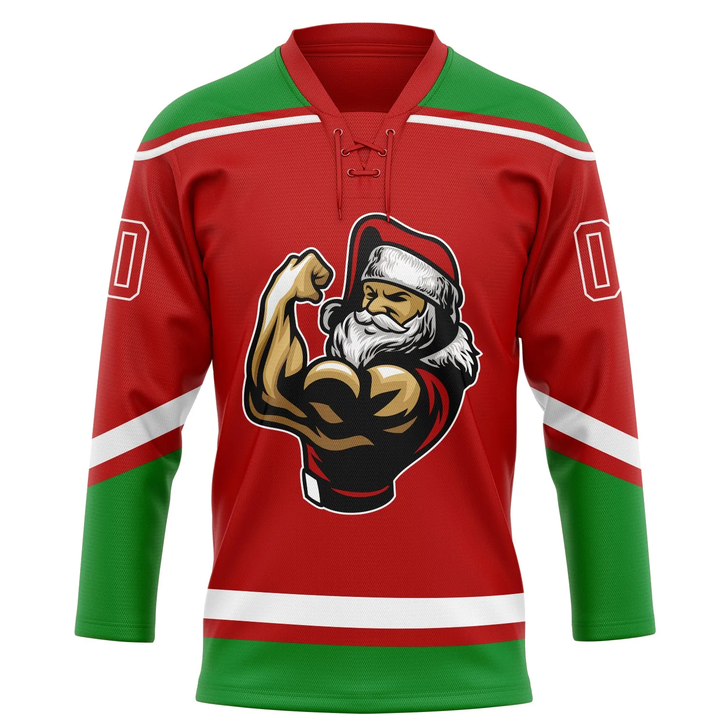 Custom Red Grass Green-White Christmas Santa Claus 3D Hockey Lace Neck Jersey FansIdea