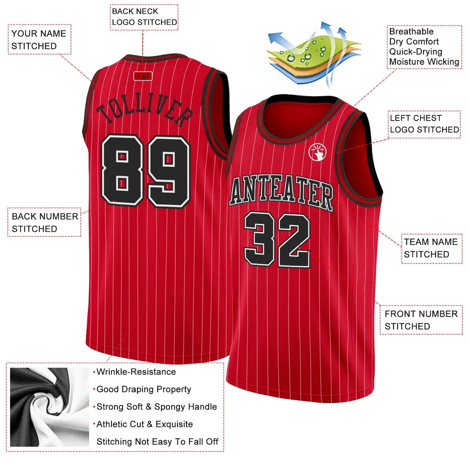 Custom Red White Pinstripe Black-White Authentic Basketball Jersey FansIdea