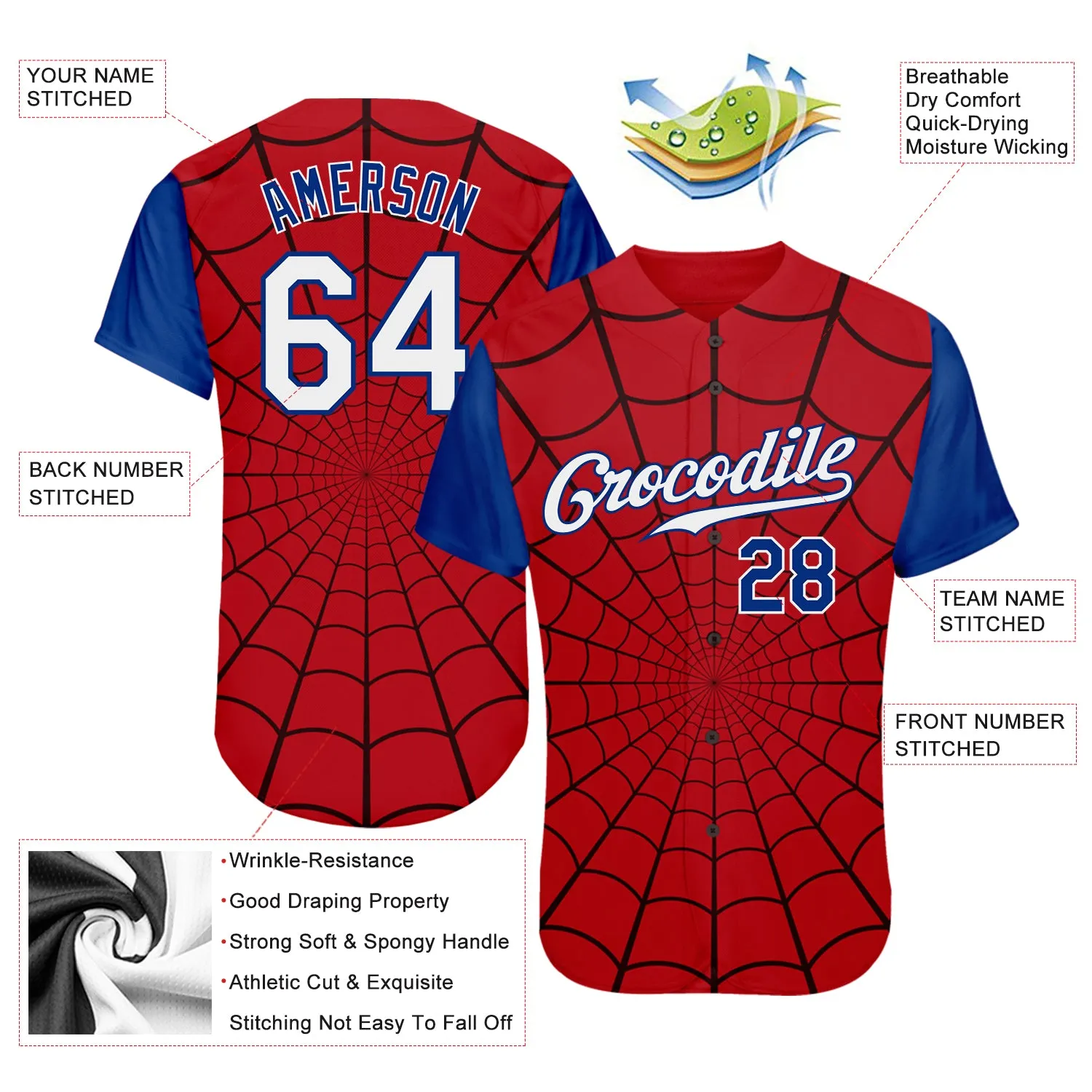 Custom Red White-Royal 3D Pattern Design Spider Web Authentic Baseball Jersey FansIdea