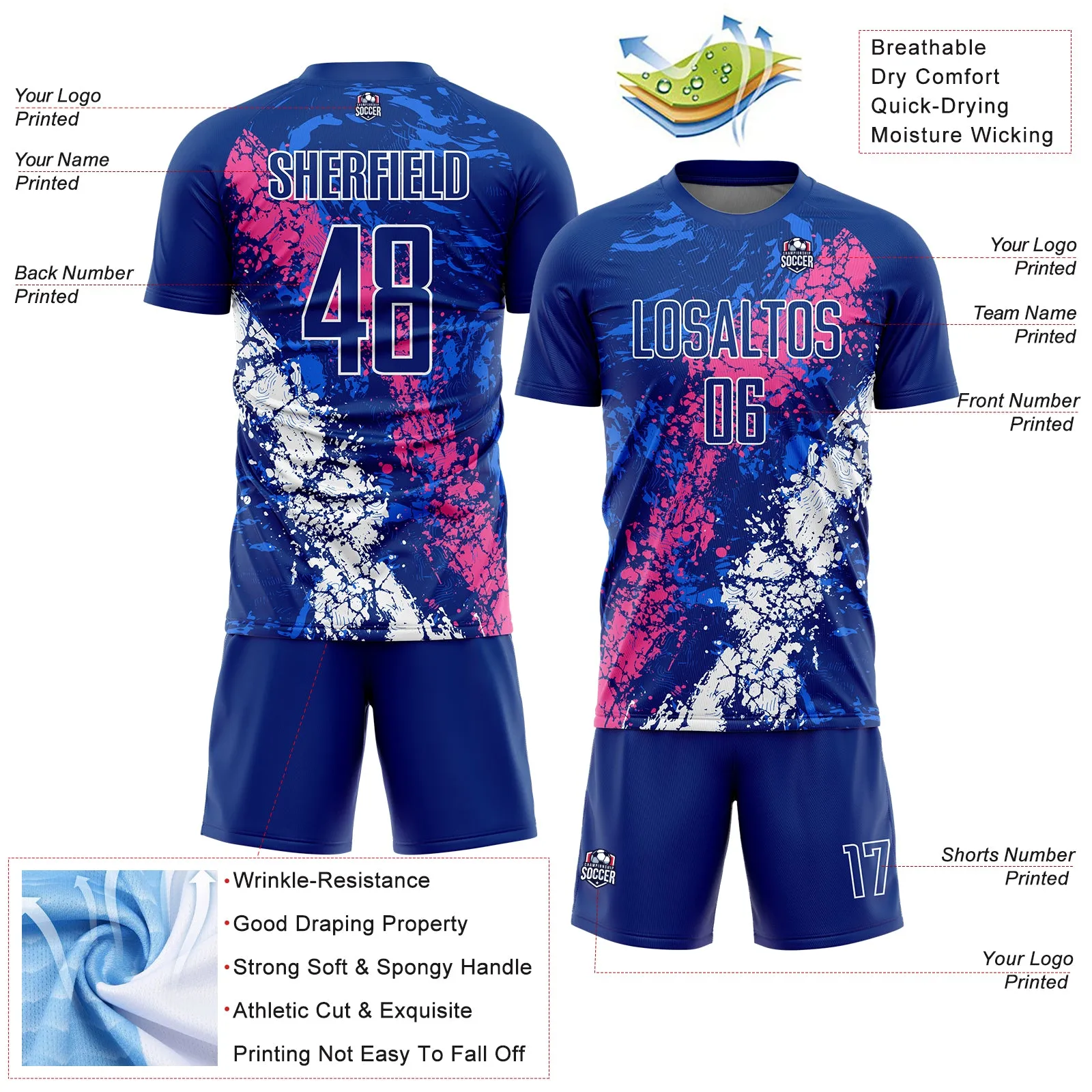 Custom Royal Pink-White Dripping Splatter Art Sublimation Soccer Uniform Jersey FansIdea