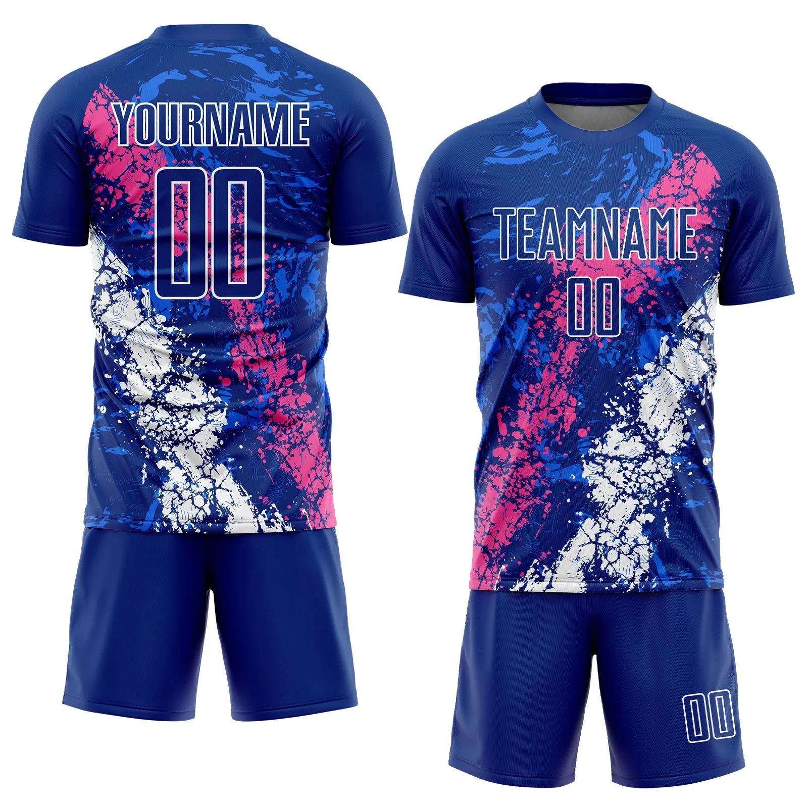 Custom Royal Pink-White Dripping Splatter Art Sublimation Soccer Uniform Jersey FansIdea