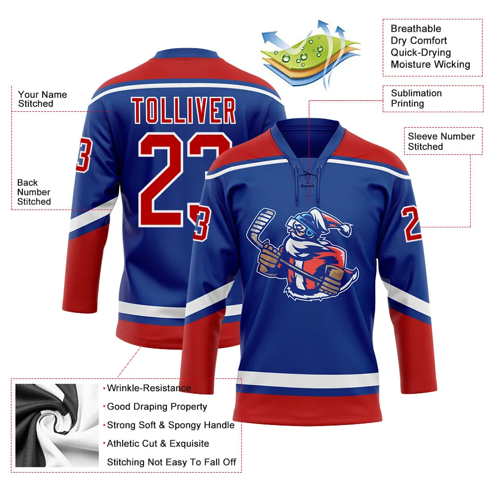 Custom Royal Red-White Christmas Santa Claus 3D Hockey Lace Neck Jersey FansIdea