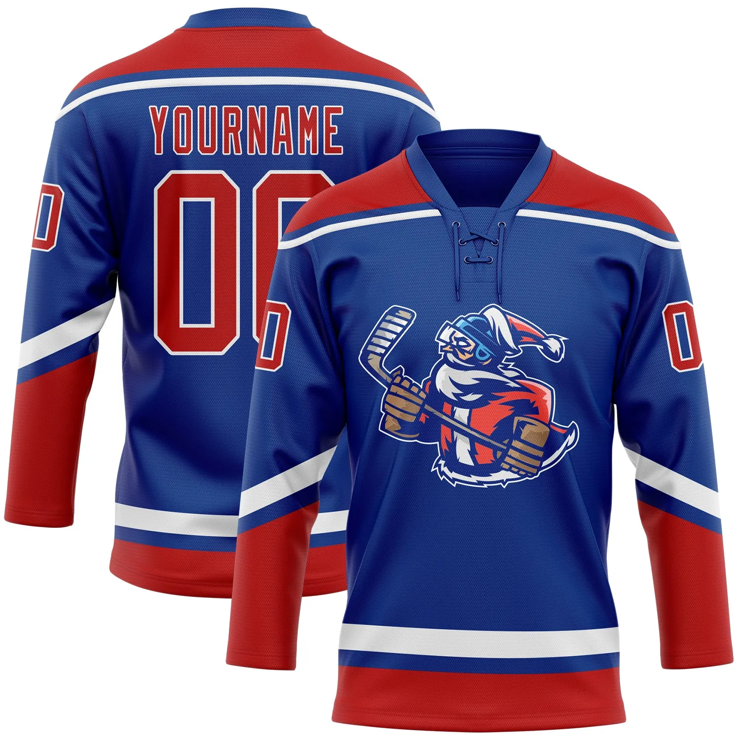 Custom Royal Red-White Christmas Santa Claus 3D Hockey Lace Neck Jersey FansIdea